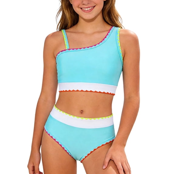 Tiijoy Girls Bikini Swimsuit Color Block Asymmetrical Bathing Suit Swimwear, 2-Piece