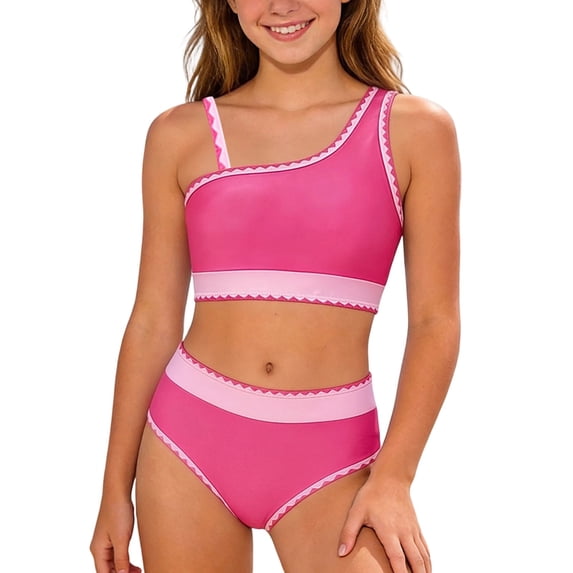 Tiijoy Girls Bikini Swimsuit Color Block Asymmetrical Bathing Suit Swimwear, 2-Piece