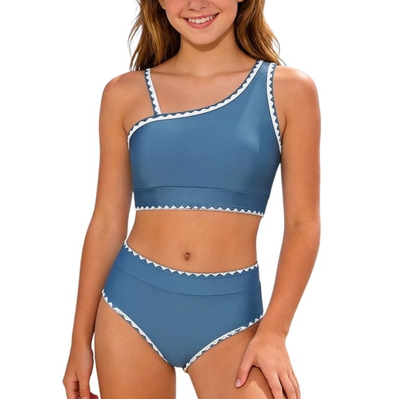 Tiijoy Girls Bikini Swimsuit Color Block Asymmetrical Bathing Suit Swimwear, 2-Piece