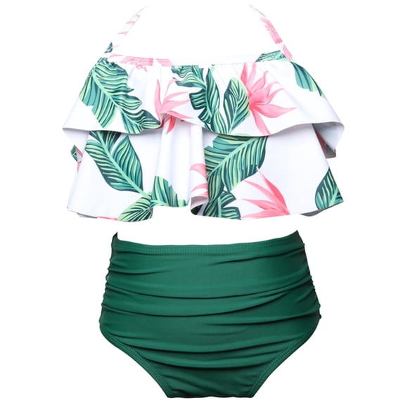 Tiijoy Girls Bikini Swimsuit Tropical Print Halter Bathing Suit High Waist Swimwear Set, Sizes 2-3