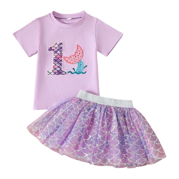 Tiijoy Girls Birthday Outfits Short Sleeve Tee with Scale Print Tutu Skirt, Sizes 1-2
