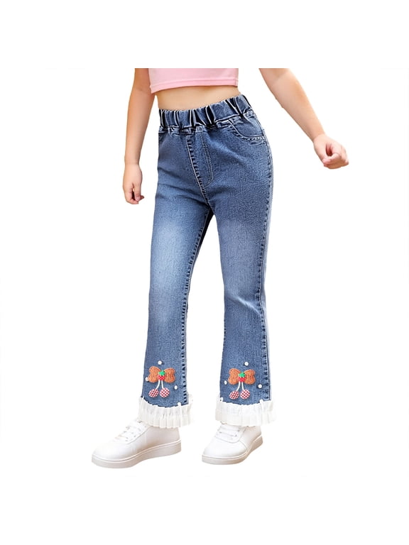 Girls Bow High Rise Bootcut Jeans Casual Stretch Pull On Denim Pants, Sizes 5-6