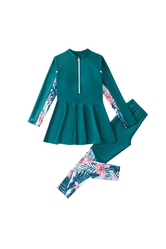 Girls Bukini Long Sleeve Rashguard Swim Dress Pants Two-Piece Swimsuit, Sizes 9-10