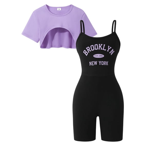 Tiijoy Girls Casual Athletic Outfits Short Sleeve Crop Top Fitted Romper Set, Sizes 7-12