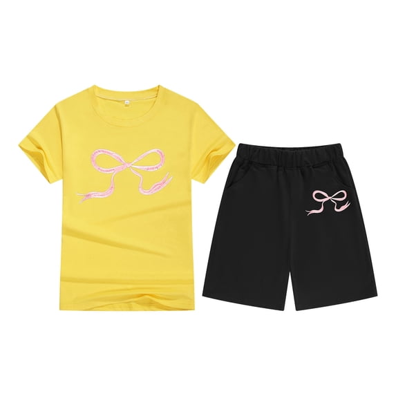 Tiijoy Girls Casual Outfit Set Bow Print Short Sleeve T-Shirt Shorts Tracksuit Set