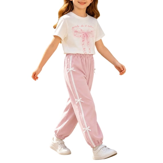 Tiijoy Girls Casual Outfits Bow Graphic Short Sleeve T-Shirt Jogger Pants Set, Sizes 4-5