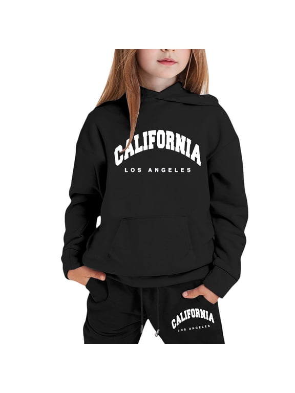 Girls Casual Outfits California Printed Hoodie Jogger Pants Sweat Suit, Sizes 2-16