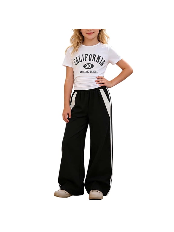 Girls Casual Outfits Letter Print Cotton Short Sleeve Tee Track Pants Set, Black, Sizes 7-12