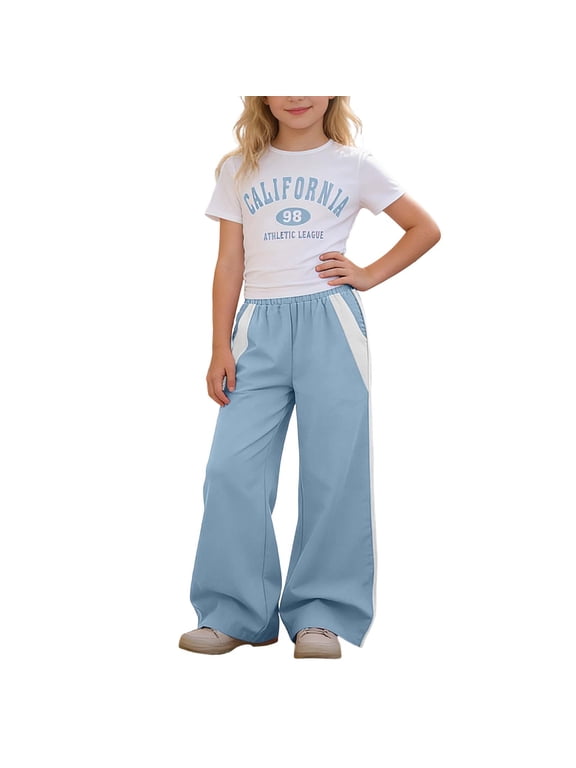 Girls Casual Outfits Letter Print Cotton Short Sleeve Tee Track Pants Set, Blue, Sizes 7-12