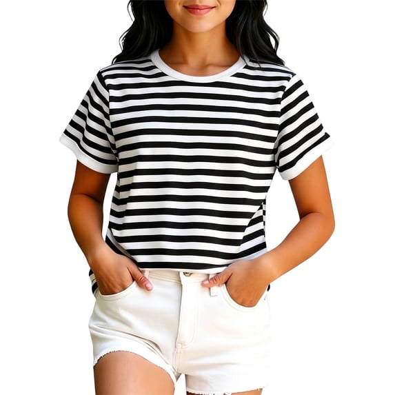 Tiijoy Girls Casual Striped T Shirt Round Neck Short Sleeve Tshirt, Black, Sizes 2-13