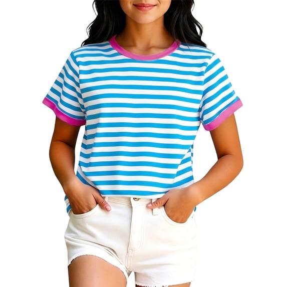 Tiijoy Girls Casual Striped T Shirt Round Neck Short Sleeve Tshirt, Blue, Sizes 2-13