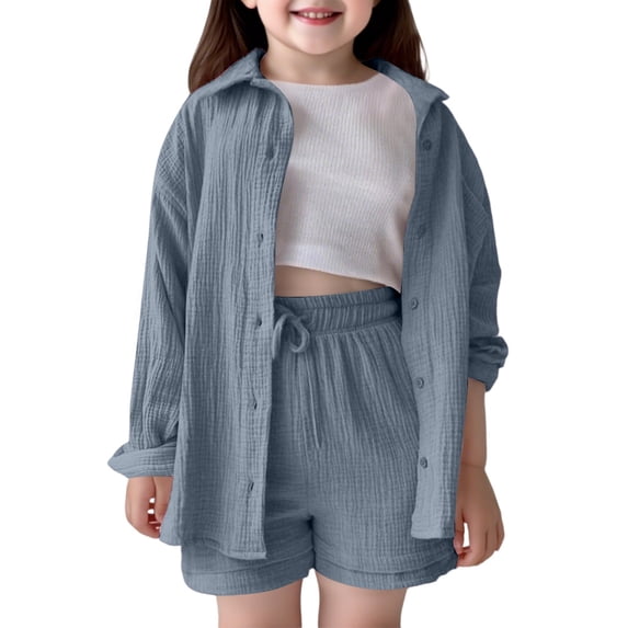 Tiijoy Girls Casual Summer Outfits Linen Solid Long Sleeve Button Down Shirt Shorts Set