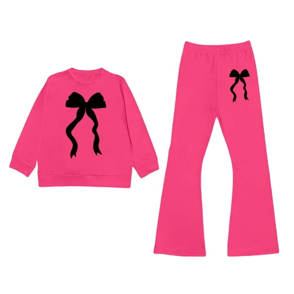 Tiijoy Girls Casual Sweatsuit Bow Pullover Sweatshirt Flared Pants 2Pcs Set, Sizes 3-10