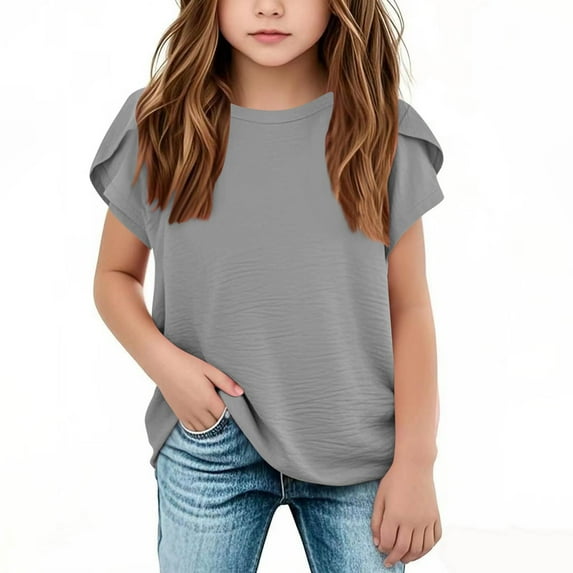 Tiijoy Girls Casual T-Shirt Solid Color Petal Sleeve Crewneck T Shirt, Sizes 3-14