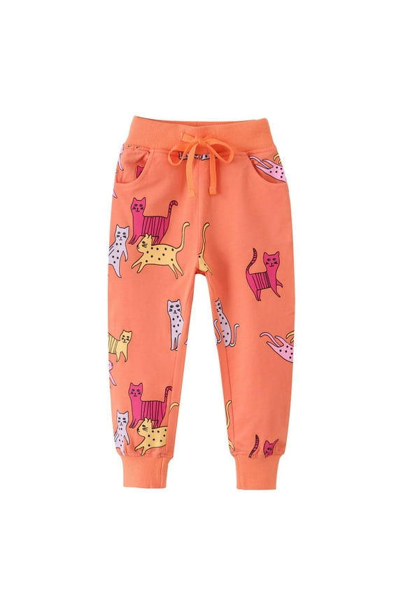 Girls Cat Print Active Sweatpants High Waisted Drawstring Jogger Pants, Sizes 6-7