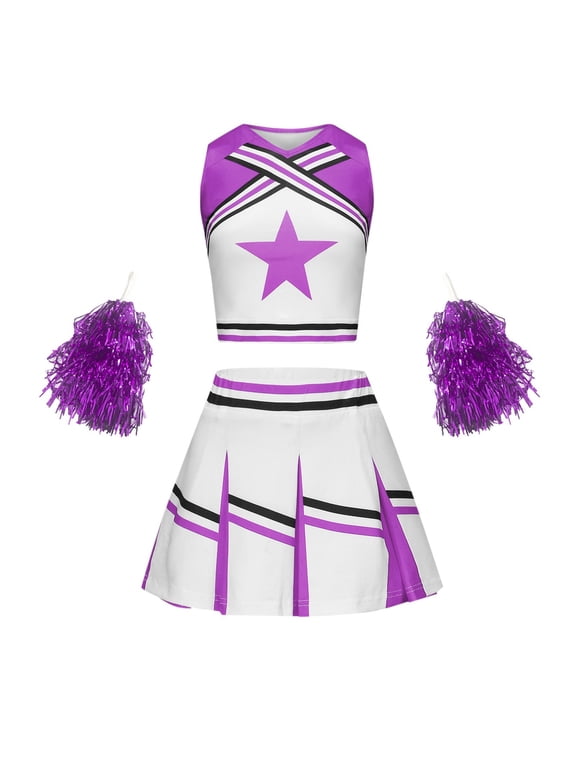 Girls Cheerleading Outfits Cheerleading Sports Tank Top Skirt Pom-Pom Kids Clothing Sets, Sizes 6-7