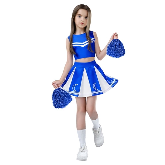 Tiijoy Girls Cheerleading Outfits Stage Performance Sleeveless Crop Top Skirt Socks Pom-Pom 4Pcs Set Kids Clothing Sets, Sizes 7-8