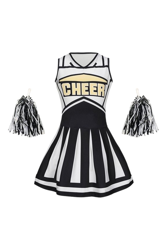 Girls Cheerleading Performance Outfits Cheerleader Dance Dress Pom Poms, Sizes 5-14