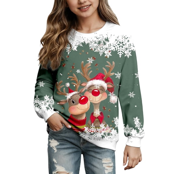 Tiijoy Girls Christmas Sweatshirt Cute Reindeer Crewneck Pullover Top, Sizes 2-12