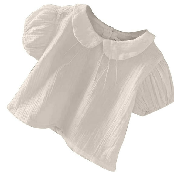 Tiijoy Girls Cotton Linen Short Sleeve Blouse Summer Puff Sleeve Shirt Top, Sizes 1-2