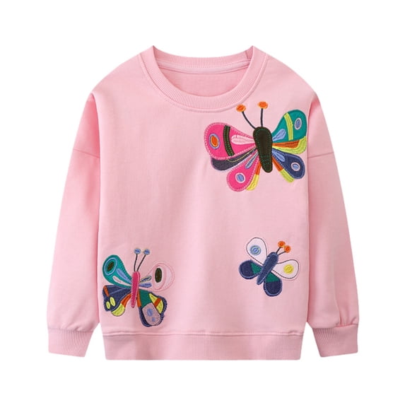 Tiijoy Girls Crew Neck Sweatshirt Butterfly Embroidery Long Sleeve Pullover Top, Sizes 1-7