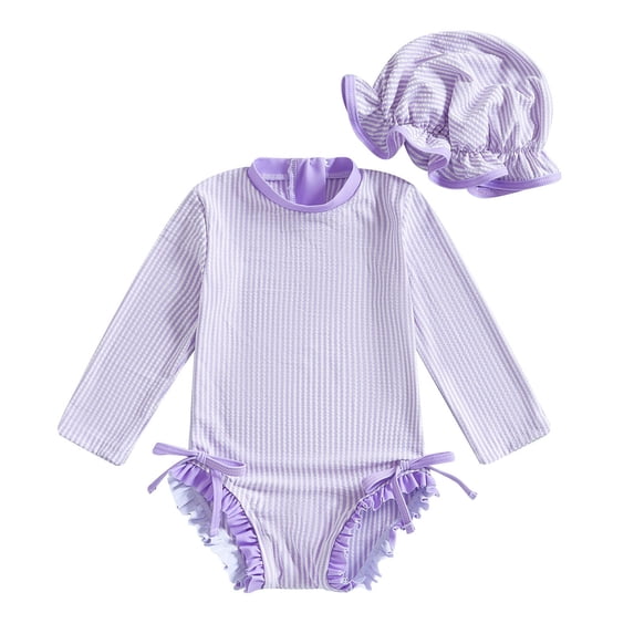 Tiijoy Girls Cute Bow Striped Ruffle One-Piece Swimsuit with Hat Bathing Suit, Sizes 0-3T