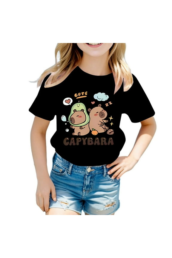 Girls Cute Capybara Short Sleeve T Shirt Casual Cotton Crewneck T Shirt, Sizes 2-14