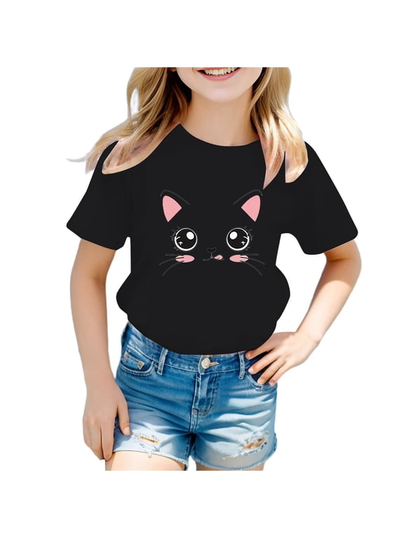 Girls Cute Cartoon Cat Graphic Tee Casual Cotton Short Sleeve T-Shirt, Sizes 3-12
