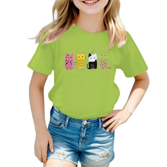 Tiijoy Girls Cute Cartoon Cat T-Shirt Cotton Short Sleeve Round Neck Tshirt, Sizes 3-12