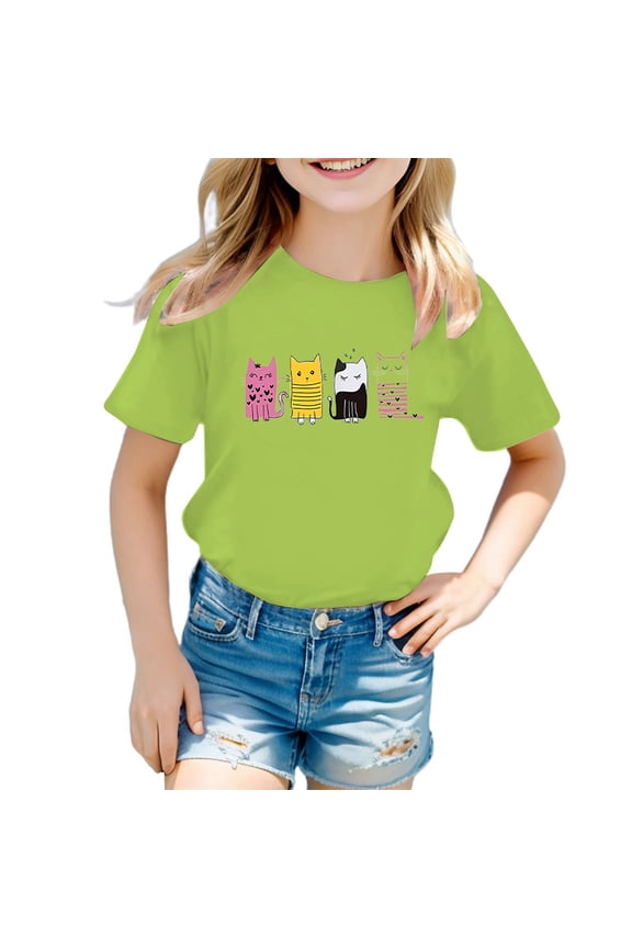 Girls Cute Cartoon Cat T-Shirt Cotton Short Sleeve Round Neck Tshirt, Sizes 3-12