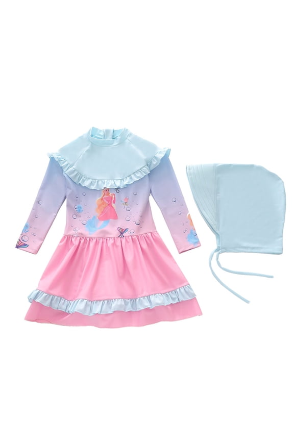 Girls Cute Cartoon Long Sleeve Ruffle Swim Dress UPF 50+ Rash Guard Swimsuit with Hat, Sizes 2-7