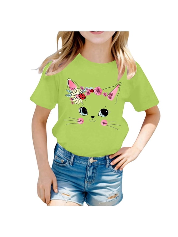 Girls Cute Cat Graphic Short Sleeve T-Shirt Kids Casual Tee Top, Sizes 2-14