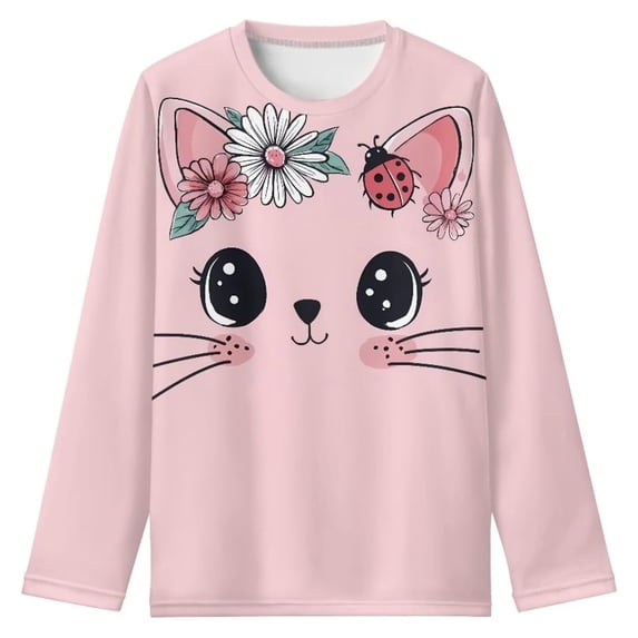 Tiijoy Girls Cute Cat Graphic T-Shirt Casual Long Sleeve T Shirt Top, Pink, Sizes 3-14