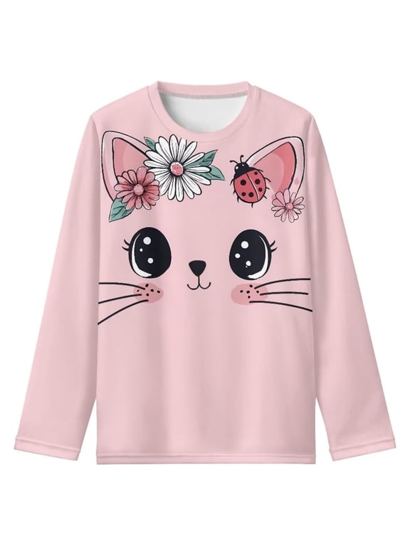 Girls Cute Cat Graphic T-Shirt Casual Long Sleeve T Shirt Top, Pink, Sizes 3-14
