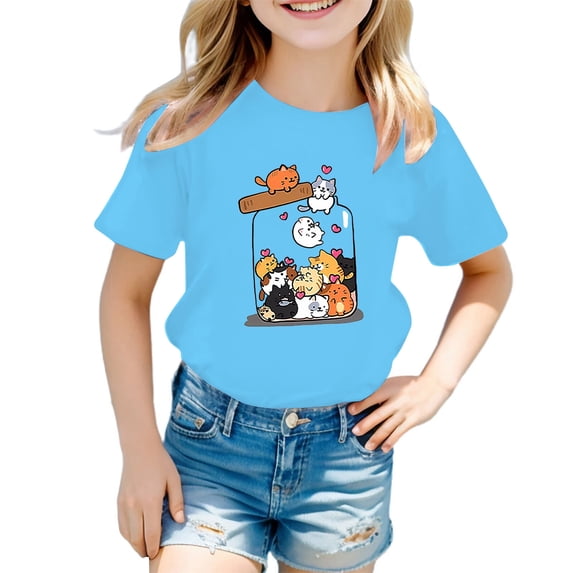 Tiijoy Girls Cute Graphic Tee Cartoon Cat Short Sleeve Crew Neck T Shirt Top, Sizes 3-12