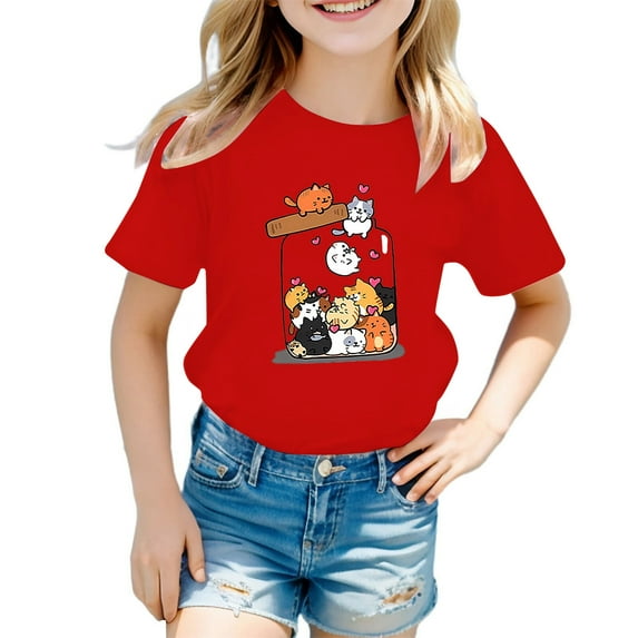 Tiijoy Girls Cute Graphic Tee Cartoon Cat Short Sleeve Crew Neck T Shirt Top, Sizes 3-12