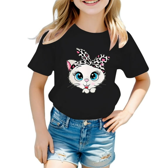 Tiijoy Girls Cute Graphic Tee Cute Cartoon Cat Print Short Sleeve O-Neck Tshirt, Sizes 3-12