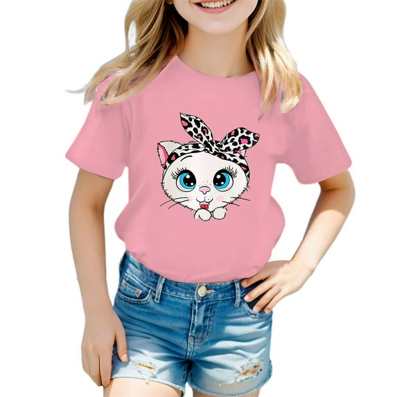 Tiijoy Girls Cute Graphic Tee Cute Cartoon Cat Print Short Sleeve O-Neck Tshirt, Sizes 3-12