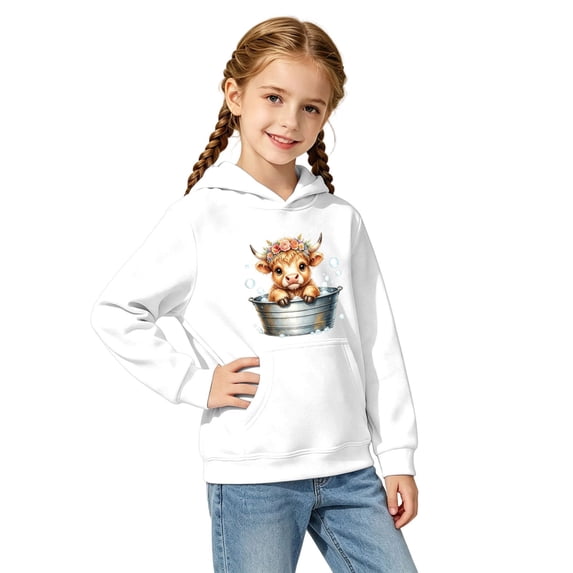 Tiijoy Girls Cute Highland Cow Hoodie Kids Casual Cozy Hooded Sweatshirt, White