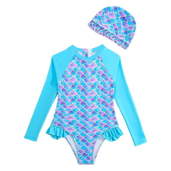 Tiijoy Girls Cute Ruffle Long Sleeve Rash Guard Swimsuit with Swim Cap, Sizes 3-4