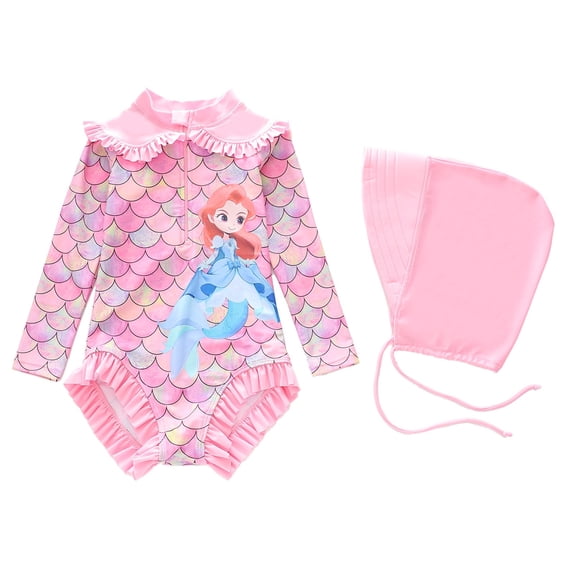 Tiijoy Girls' Cute UPF50+ Long Sleeved Rash Guard One-Piece Swimsuit with Hat, Sizes 2-12