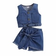 thumbnail image 1 of Tiijoy Girls Denim Outfits Stylish Summer Button-Up Tank Top Bow Shorts Set, Sizes 2-3, 1 of 6