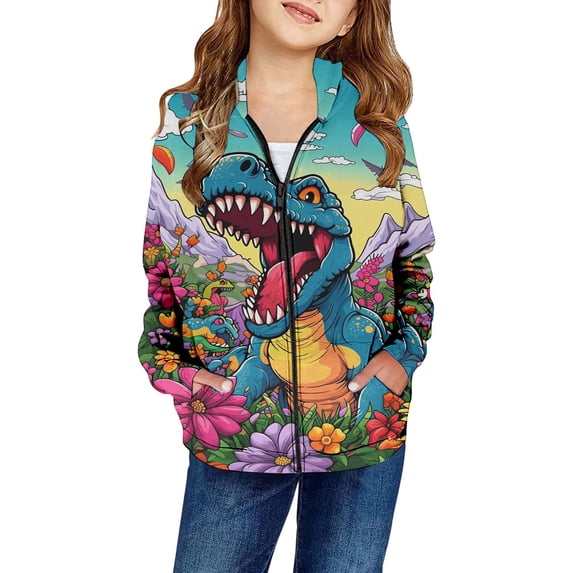 Tiijoy Girls Dinosaur Zip Up Hoodie Casual Athletic Graphic Hooded Sweatshirt for Kids