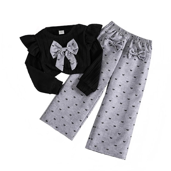 Tiijoy Girls Fall Outfits Bow Ruffle Cropped Sweatshirt Wide Leg Pants Set, Sizes 3-4