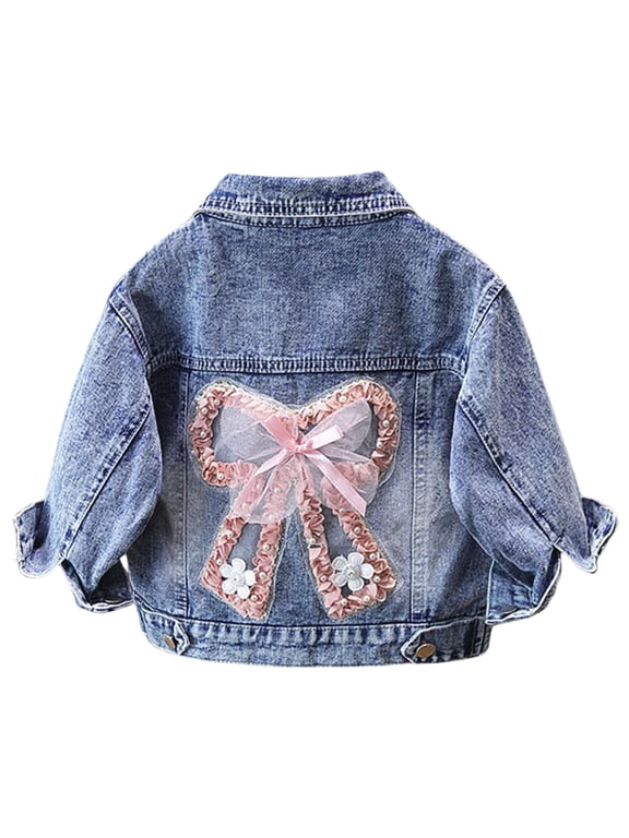 Girls Fashion Bow Denim Jacket Long Sleeve Button Front Jean Coat Outerwear, Pink