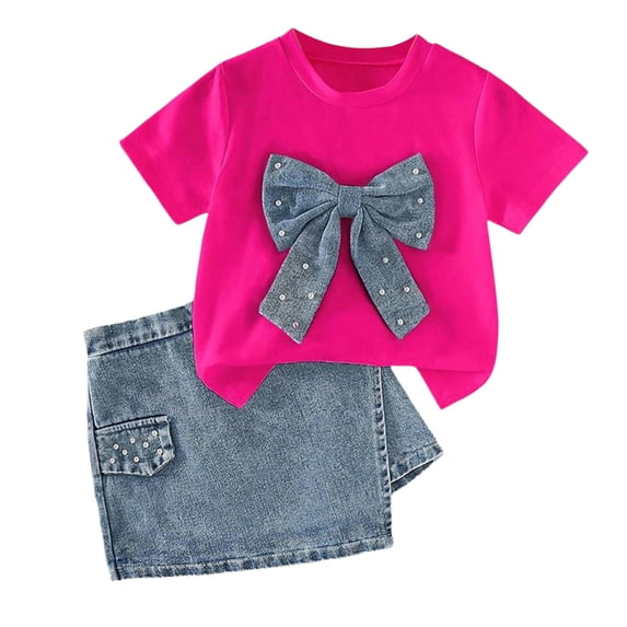 Tiijoy Girls Fashion Outfits Denim Bow Short Sleeve T-Shirt Jean Skort Set, Sizes 2-3