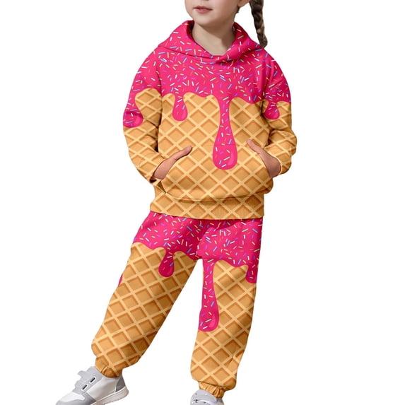 Tiijoy Girls Fashion Outfits Ice-Cream Print Hoodie Sweatpants Sweatsuit, Size 1-13