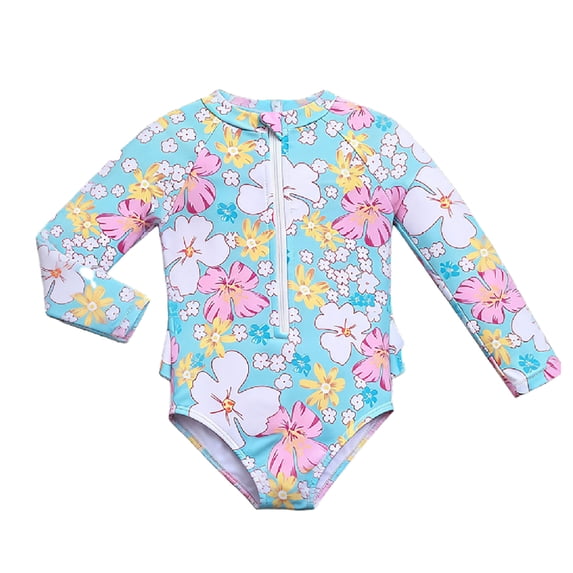 Tiijoy Girls Floral One-Piece Swimsuit Cute Long Sleeve Half Zip Rash Guard Bathing Suit