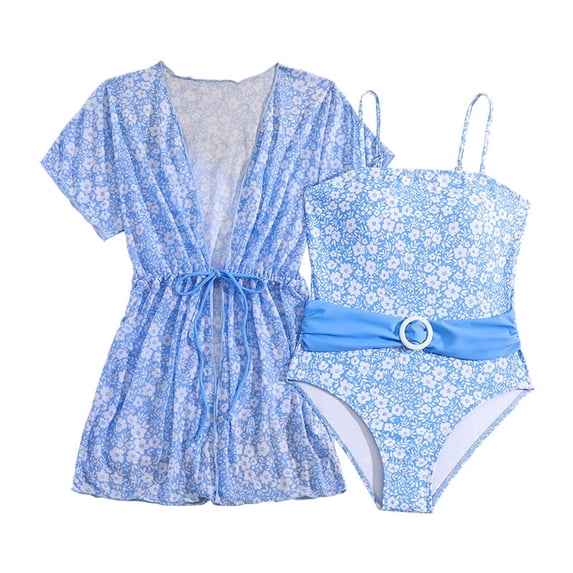 Tiijoy Girls Floral Print One-Piece Swimsuit with Cover Up Beach Bathing Suit, Sizes 7-12