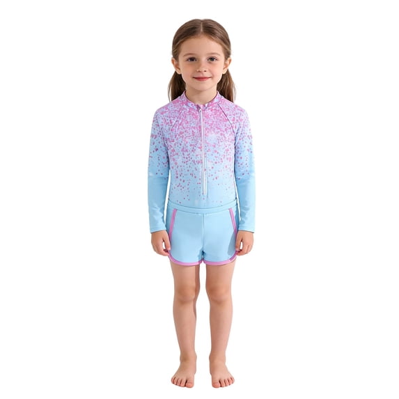 Tiijoy Girls Floral Print UPF 50+ Long Sleeve Zip Up Rash Guard Shorts 2-Piece Swimsuit, Sizes 4-8